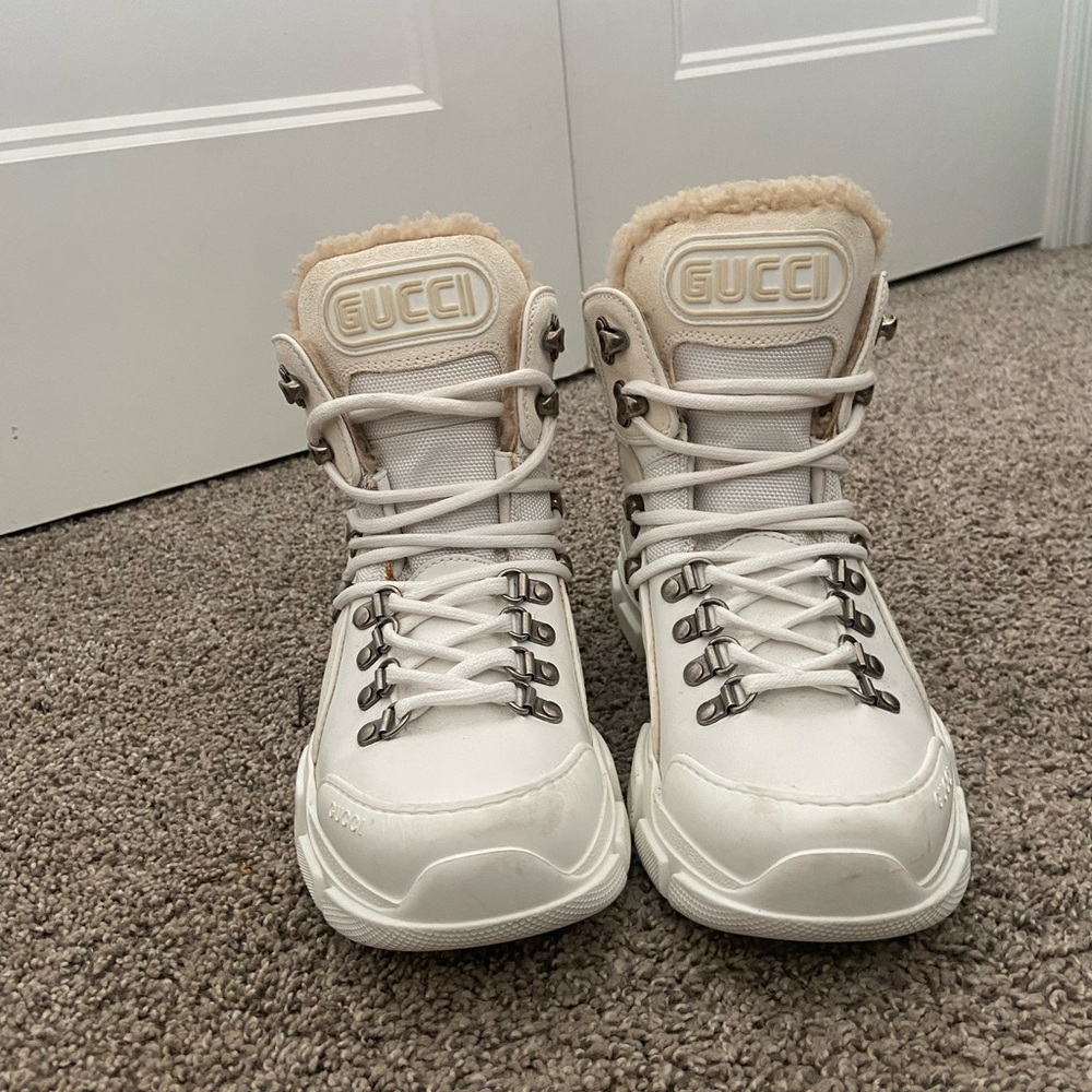 Gucci White Lace Up Boots with Cream Accents